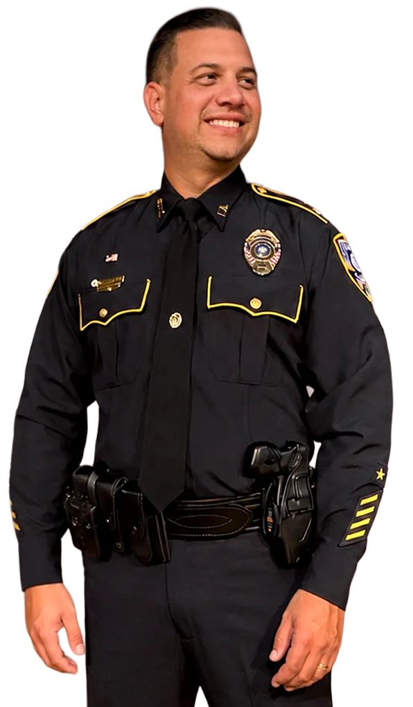 Daniel Seuzeneau in his uniform at a press confrence
