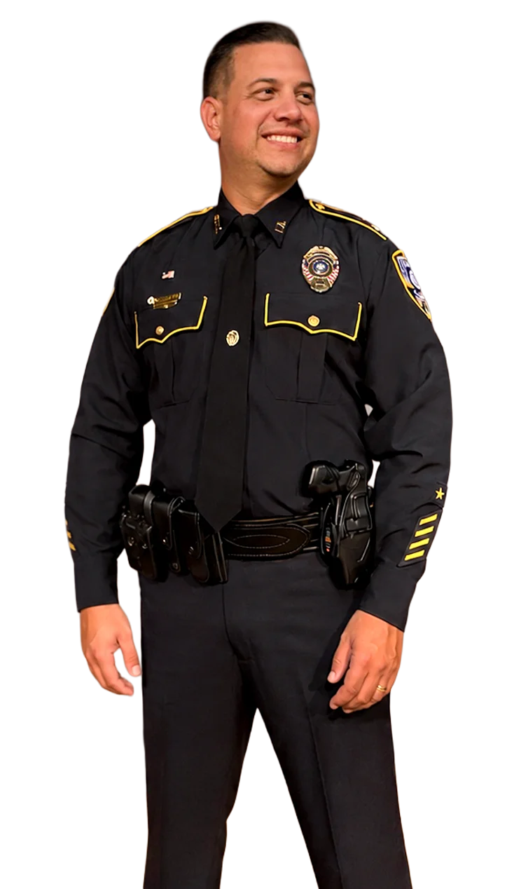 Daniel Seuzeneau in his uniform at a press confrence